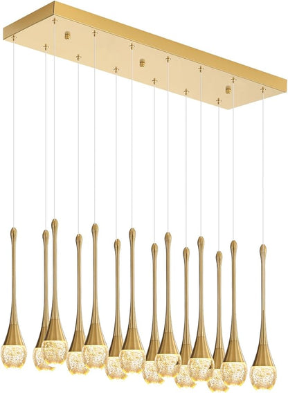14-Light Modern LED Pendant Lighting Fixture for Kitchen Island Raindrop Crystal Chandelier Gold Chandelier for Dining Room High Ceiling Chandeliers for Staircase Foyer Hallway Villa