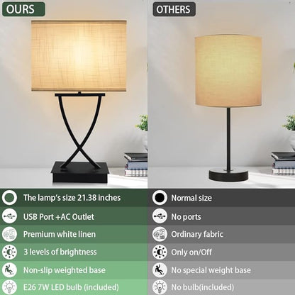 3-Way Dimmable Touch Control Medium Table Lamp with Type C/USB Charging Port and 1 AC Outlet White Shade 21.38" Bedside Nightstand Lamp for Bedroom Living Room Office and Hotel Bulb Included