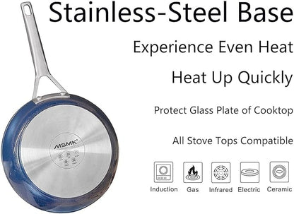 MsMk Non stick frying pan set with lid Blue, 12-inch Durable skillet, Titanium and Diamond Non Stick Non-Toxic Coating From USA, Even Heating, Easy Clean-Up, Comfort Handle, Induction Compatibility
