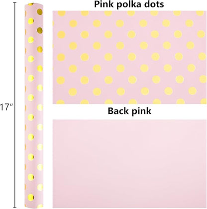 Burymento Pink and Gold Dots Wrapping Paper, Reversible Pink Gift Wrap for Birthday, Valentines, Mothers day, Graduation, Wedding, Fathers day, Baby Shower, Christmas (17in x 32.8ft)
