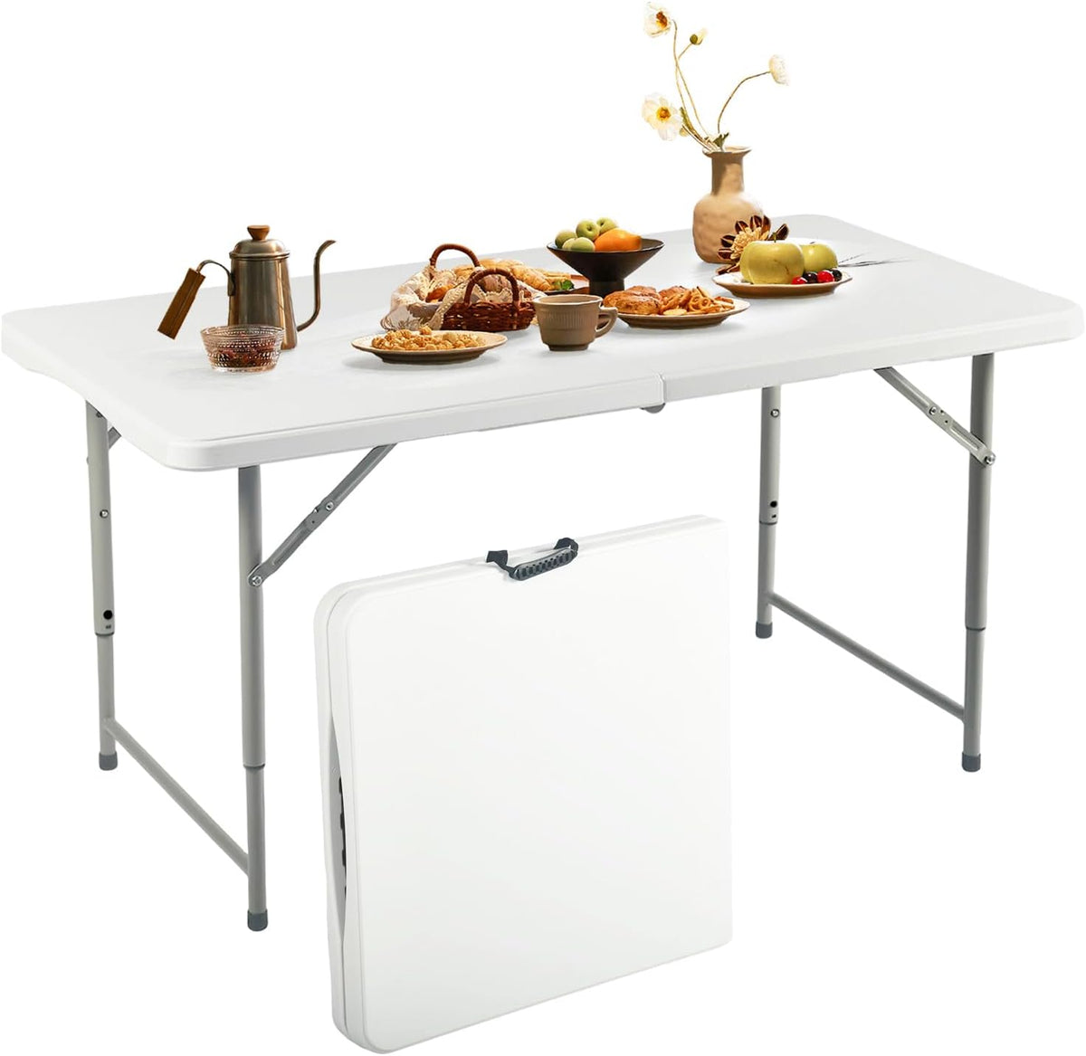FurnitureR Adjustable Folding Table 4FT, Plastic Utility Table with 3 Height Settings, Fold-in-Half with Handle, Foldable and Portable for Indoor Outdoor Picnic Camping Party, White