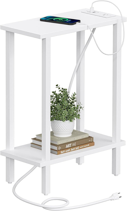 TUTOTAK Small End Table with Charging Station, Narrow Side Table with USB Ports and Outlets, Skinny Sofa Table, Slim Nightstand, Living Room, Bed Room, White TB01BW060