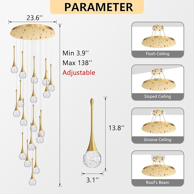 18 Light Modern Glam Crystal Chandelier for High Ceiling LED Dimmable Ceiling Pendant Light Staircase Foyer Enterway Living Room Chandelier Lighting Antique Gold