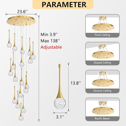 18 Light Modern Glam Crystal Chandelier for High Ceiling LED Dimmable Ceiling Pendant Light Staircase Foyer Enterway Living Room Chandelier Lighting Antique Gold
