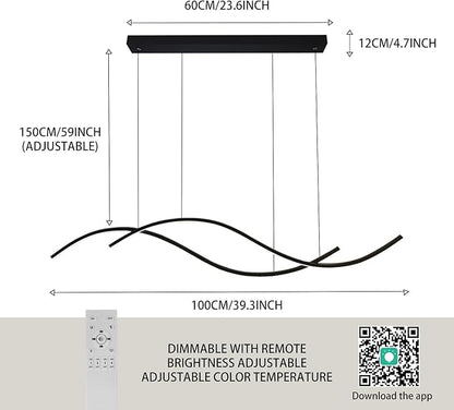 Modern Led Pendant Light, Dimmable Black Led Chandelier for Dining Room Light Fixture Over Table Creative Wave Pendant Light for Kitchen Island, Dining Room, Bedroom