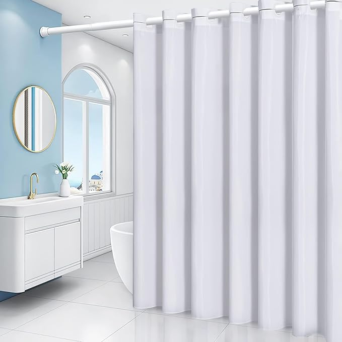Furlinic 72x75 Waterproof No Hook Needed White Shower Curtain,Soft Polyester Fabric Bathroom Curtain with 10 Rustproof Split Grommet,Light Weighted & Washable, Hotel Style, Standard Size.