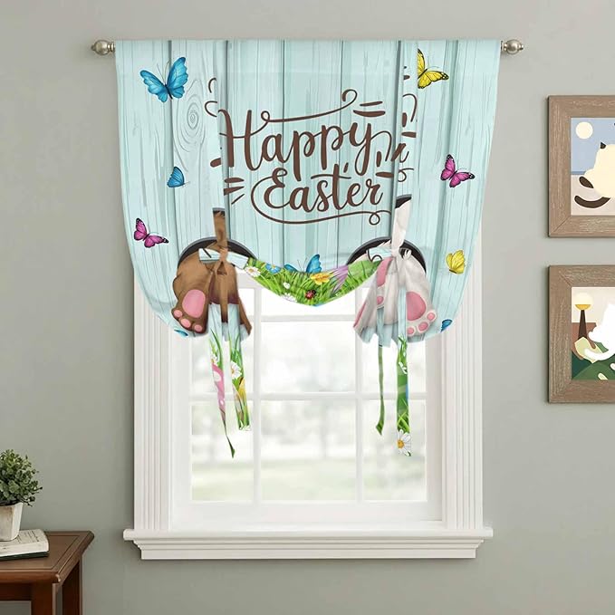 Tie Up Curtains,Happy Easter Bunny Butt Egg Floral Adjustable Rod Pocket Window Shade Curtain Drape Spring Plant on Aqua Wood Tie-Up Valance for Kitchen Bedroom Living Room Windows,42"x54"