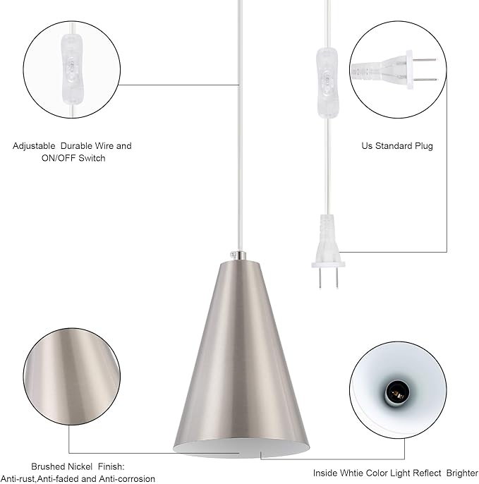 Brushed Nickel Plug In Pendant Light,Hanging Lights with Plug In Cord On/Off Switch, Mini Silver Pendant Lights for Kitchen Island,Modern Chandelier with Metal Shade,Hanging Lamps for Bedroom