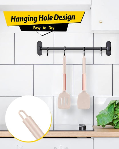 Pack of 2 Silicone Solid Turner, Non Stick Slotted Kitchen Spatulas, High Heat Resistant BPA Free Cooking Utensils, Ideal Cookware for Fish, Eggs, Pancakes(Rose Gold Khaki)