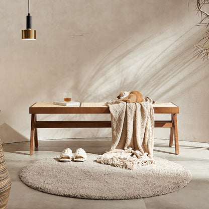 Entryway Stool Rattan Wooden Shoe Bench Bedroom Bedside Bench Wabi-sabi Style Retro Long Bench Shoe Changing Stool
