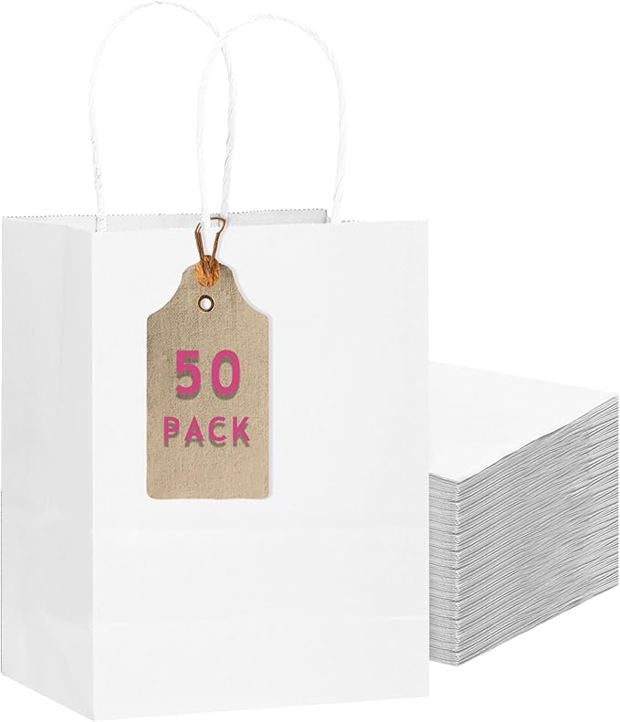 qiqee 50-Packs White Paper Gift Bags with Handles Bulk 11"x8.3"x4.3" Medium Size Paper Bags Multiple Uses