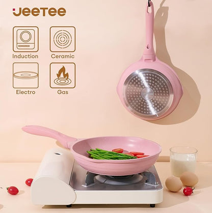 JEETEE Pink Pots and Pans Set Nonstick 23pcs, Healthy Kitchen Cookware Sets, Induction Cooking Set Pink Frying Pans, Saucepans, Sauté & Griddle & Crepe Pan (PFOA Free)