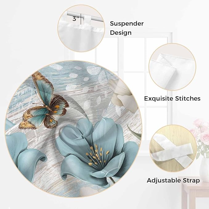 Spring Floral Kitchen Curtains 24 Inch Length, Small Window Curtains Tab Top, Vintage Tulips Flower Butterfly Retro Wood Blue Light Filtering Short Window Treatments Tier Drapes 27.5"x24" 2 Panel