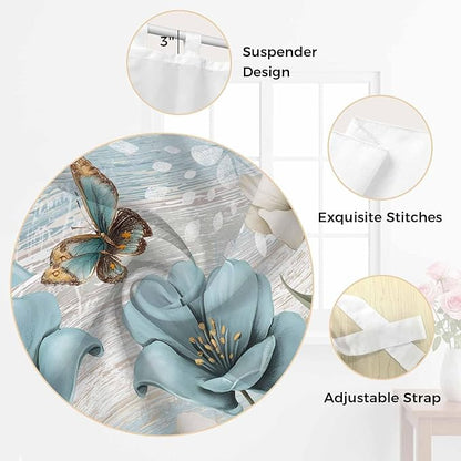 Spring Floral Kitchen Curtains 24 Inch Length, Small Window Curtains Tab Top, Vintage Tulips Flower Butterfly Retro Wood Blue Light Filtering Short Window Treatments Tier Drapes 27.5"x24" 2 Panel
