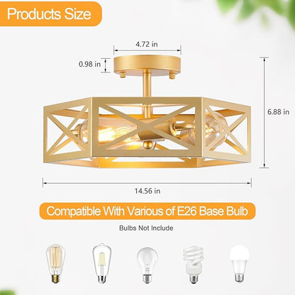 Flush Mount Ceiling Light, Gold Light Fixtures Ceiling Mount, 3 Light Modern Close to Ceiling Light Fixture with Metal Hexagon Cage Brass Lights for Kitchen, Hallway, Bathroom