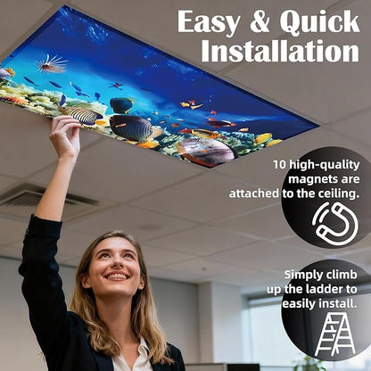 4 Pcs Fluorescent Light Covers - Classroom, Office 4 x 2 Feet Flame Retardant Magnetic Covers for Ceiling Lights Filters (Underwater World)