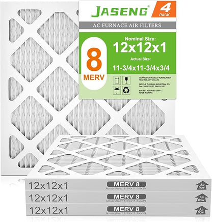 12x12x1 AC Furnace Air Filters,(4-Pack) MERV 8 Dust Defense, JASENG MPR 600 Pleated HVAC Replacement Air Filter (exact dimensions: 11 3/4"x11 3/4"x3/4")