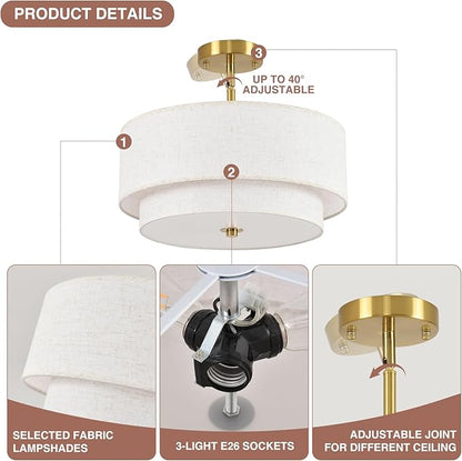 16" Semi Flush Mount Ceiling Light, Gold 3 Light Double Drum Fabric Lampshade Lighting Fixture for Living Room, Bedroom, Dining Room, Kitchen, Hallway (Swivel Canopy for Sloped/Flat Ceiling)