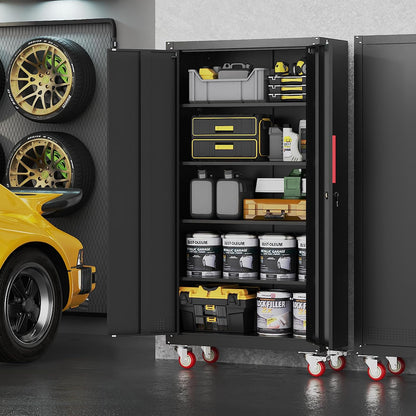 Metal Storage Cabinet with Wheels,71"Garage Cabinets with Lock Door | Heavy-Duty Garage Tool Cabinet with 4 Adjustable Shelves,Garage Cabinet and Storage System for Garage,Home,Shop,Office