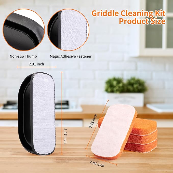 Griddle Cleaning Kit for Blackstone,Scouring Pads Brush with Handle-Flat Top Grill Cleaner Accessories, Non-Scratch Grill Scrubbers Tool,Griddle Scrubbing Pads for Cleaning Kitchen, Bathroom