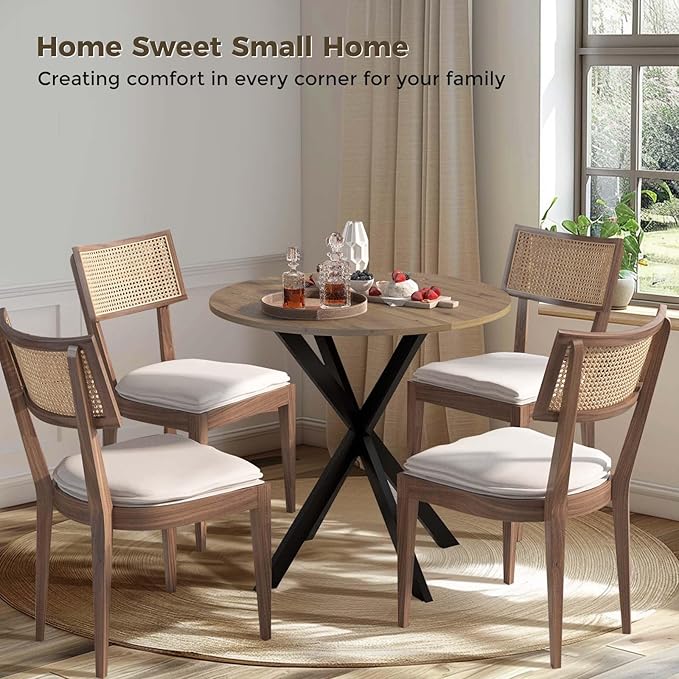 Unovivy 31.5" Small Round Dining Table for 2-4, Space Saving Circle Kitchen Dinner Table, Industrial Mid Century Modern Dining Room Desk for Kitchen, Apartment, Natural Oak