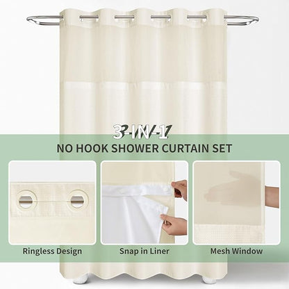 Cream No Hook Shower Curtain with Snap-in Fabric Liner Set,Waffle Weave Shower Curtains for Bathroom,Hotel Luxury Decor Bathroom Curtain Set,Waterproof & Washable,71Wx74H