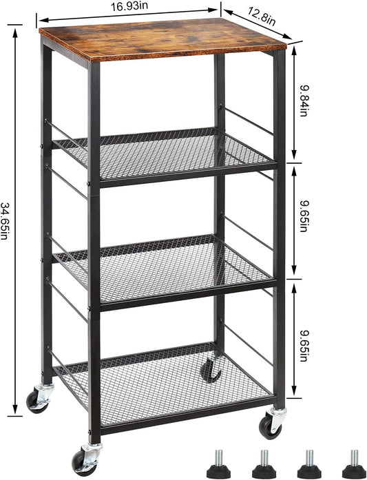 CADUKE Kitchen Storage Cart Baker's Rack 4-Tier Industrial Wood | Kitchen Island Stand, Serving Bar Cart, on Wheel, MDF, End Side Table Storage, Trolley Rack, for Bedside, Bathroom, Office
