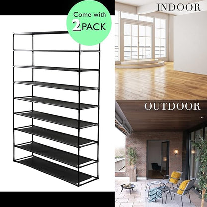 TY ARTS & CULTURE 2 Pack 9-Tiers Shoe Rack Organizer, Sturdy Metal Pipes & Durable Non-Woven Fabric, Space Saving Tall Shoe Shelf Hold 72-90 Pairs, Shoe Rack for Entryway (Black)