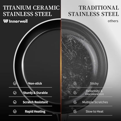 Stainless Steel Frying Pan Set with Lid 8.6inch and 12inch Titanium Ceramic Nonstick Frying Pan Kitchen Cookware Set Skillet with Stay-Cool Handle Non Toxic PFOA Free Suitable for All Stove