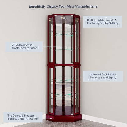 BELLEZE Lighted Corner Display Curio Cabinet Wooden Curved Shelving Unit with Tempered Glass Door, Bar and Liquor Storage Area with 6 Shelves - Ashfield (Cherry)