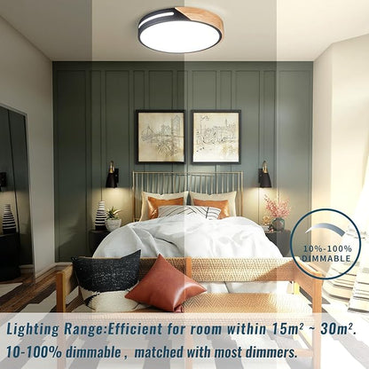 Black and Wood Flush Mount Ceiling Light Fixture Set of 2, Dimmable LED Ceiling Light Black, Modern Light Fixture Ceiling Mount for Bedroom, Living Room, Kitchen, Bathroom, Hallway