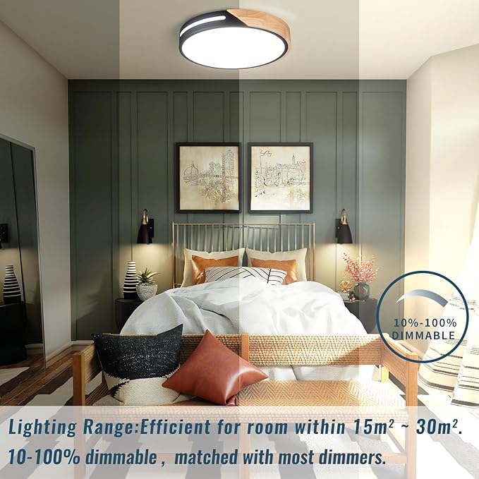 Black and Wood Flush Mount Ceiling Light Fixture 12 inch, Dimmable LED Flush Mount Black, Modern Light Fixture Ceiling Mount for Bedroom, Living Room, Kitchen, Bathroom, Hallway