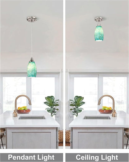 Mini Pendant Lights Kitchen Island Hand Blown Aqua Glass Pendant Light with Brush Nickel Finish Adjustable Cord for Kitchen Over Sink,Hallway,Dining Room,Stairs Way