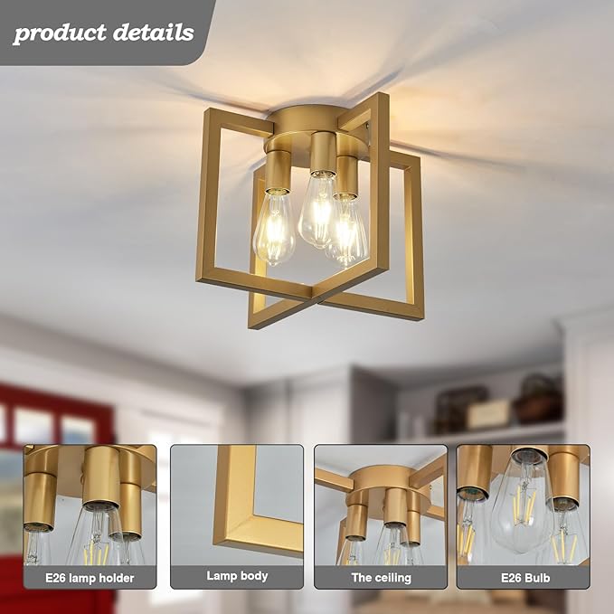 ZGLAOJT 3-Lights Ceiling Light Fixture,Modern Gold Semi Flush Mount Chandelier,Matte Ceiling Lighting for Kitchen Living Room Bedroom Farmhouse Hallway Foyer.