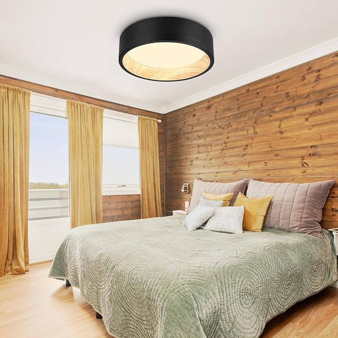 DAKASON 2Pack Black Ceiling Light Flush Mount, Modern LED Ceiling Light Fixture Dimmable with Metal Frame and Wood Painting, 12.5’’ 25W 3/4/5000K CCT Selectable for Kitchen Hallway Dining Living Room