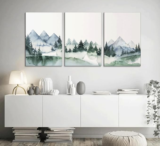 3 Pcs Modern Mountains Canvas Wall Art Green Watercolor Misty Pine Forest Nature Minimalism Abstract Landscape Painting Picture Wall Decor Poster Print Artwork for Living Room Bedroom Office