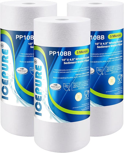 ICEPURE PP10BB 5 Microns 10" x 4.5" Whole House Sediment Water Filter Replacement Cartridge for Home, Compatible with RFC-BBSA, WFHD13001B, GXWH35F, GXWH30C, AP817, WHKF-GD25BB, 3 PACK
