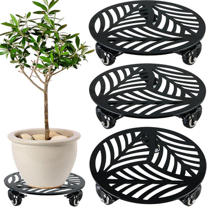 3 Packs Metal Plant Caddy with 3 Metal PU Wheels 12” Heavy-duty Wrought Iron Rolling Plant Stands with Casters Indoor and Outdoor Plant Pot Roller Base Plant Dolly Coaster Movers Black