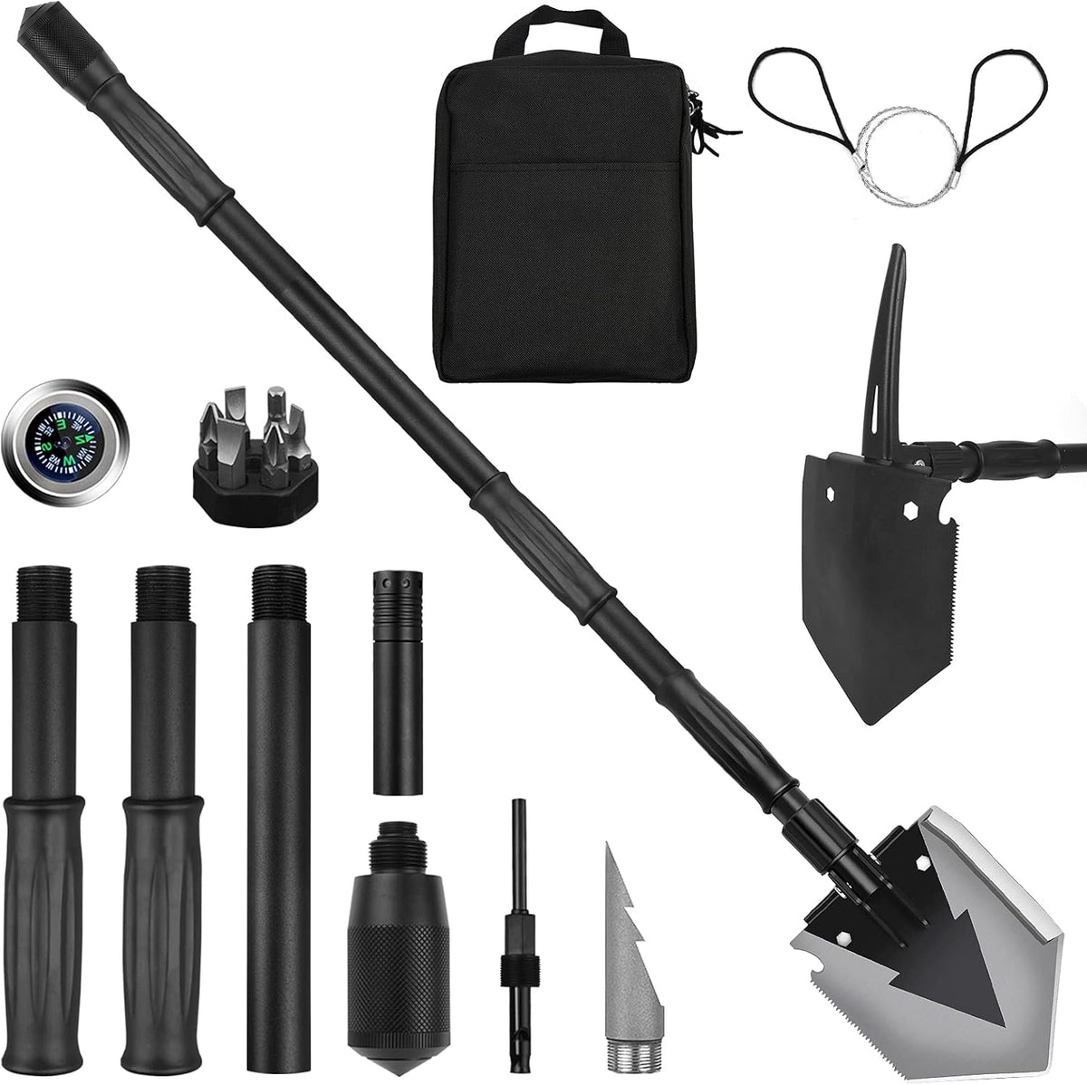 Camping Shovel 38'', with Pickaxe, Survival Folding Spade, Tactical Heavyduty Multitool, Military Compact Shovel for Off-Roading, Entrenching, Car Emergency, Outdoor