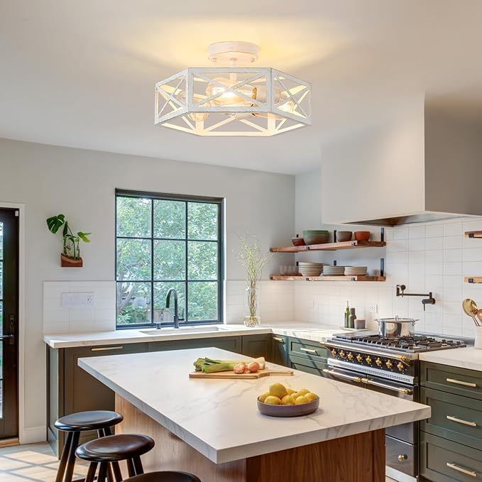 3-Light Flush Mount Ceiling Light Fixture, Modern Close to Ceiling Light with White Metal Hexagon Cage, Farmhouse Ceiling Light for Bedroom, Hallway, Entry, Foyer, Kitchen
