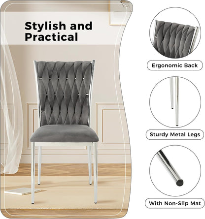 Velvet Dining Chairs Set of 4, Modern Upholstered Kitchen Chairs with Silver Metal Legs, Woven Velvet Fabric and High Back, Dirt Resistance, Easy to Assemble, for Home, Living Room - Dark Grey