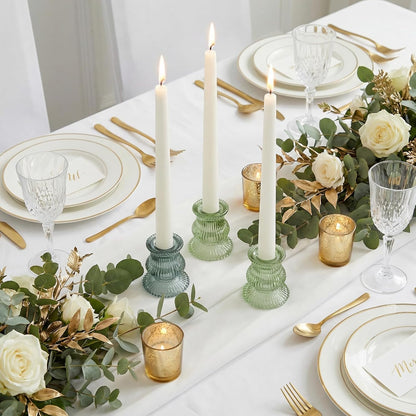 Green Glass Candle Holders 12 Pcs, Ribbed Taper Candle Holders Bulk, Vintage Candlestick Holders for Sage Green Wedding Centerpieces, Christmas Table Decor, Party & Easter Home Decor