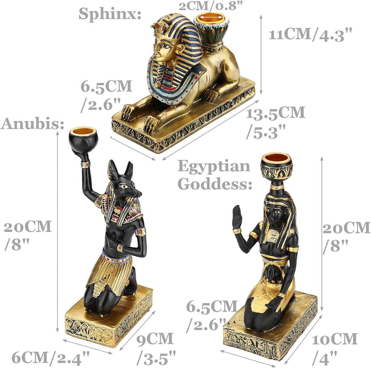 Egyptian Mythology Resin Candle Holder Set 3 Anubis Goddess Sphinx Decor