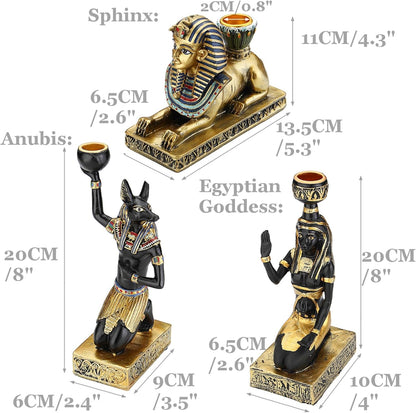 Egyptian Mythology Resin Candle Holder Set 3 Anubis Goddess Sphinx Decor