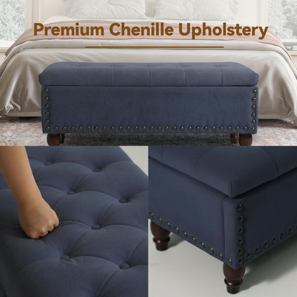 42'' End of Bed Storage Bench with Dual-Surface Lid, Upholstered Ottoman with Hidden Storage, Chenille Bench Seating with Wood Panel Seat for Entryway,Living Room,Bedroom-Blue