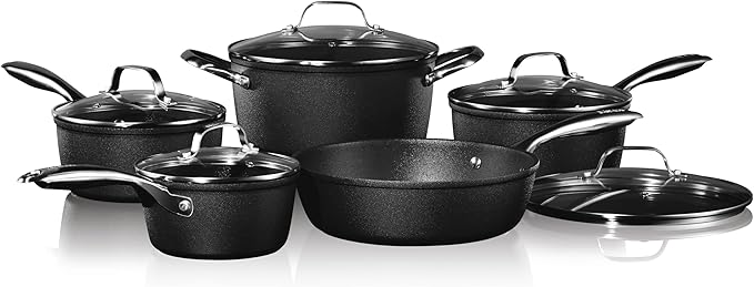 Starfrit The Rock Diamond 10PC Non-Stick Set - Durable Forged Aluminum - Oven Safe - PFOA Free - Easy to Clean - Black