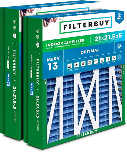 Filterbuy 21x21.5x5 Air Filter MERV 13 Optimal Smoke & Allergy Defense (2-Pack), Pleated HVAC AC Furnace Filters for Trane Perfect Fit & American Standard (Actual Size: 20.00 x 21.09 x 4.97)