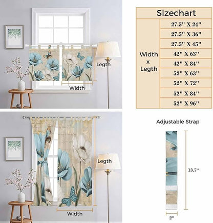Spring Flowers Bedroom Curtains 72 Inch Length, Window Curtains Tab Top, Vintage Rustic Tulips Floral Butterfly Khaki Light Filtering Window Treatments Drapes 52"x72" 2 Panel