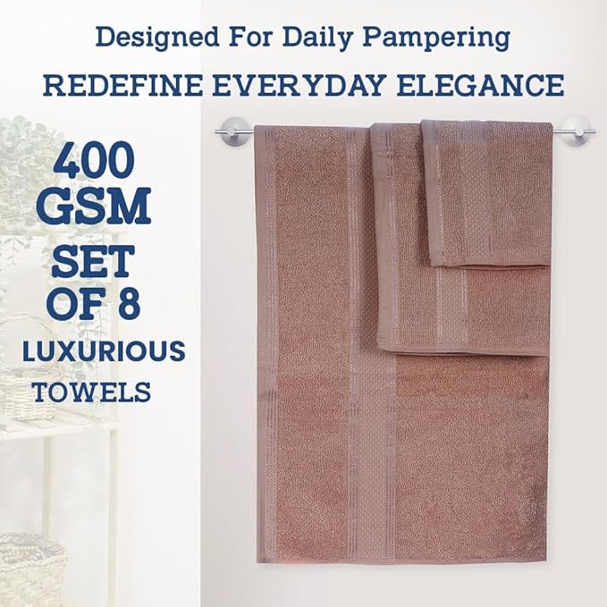 Casa Lino Bath Towel Set of 8 (2 Bath Towels, 4 Wash Cloths & 2 Hand Towels for Bathroom) - 100% Cotton - Highly Absorbent & Quick Dry - Guest Room Essentials for Bathroom Set - (Coffee Brown)