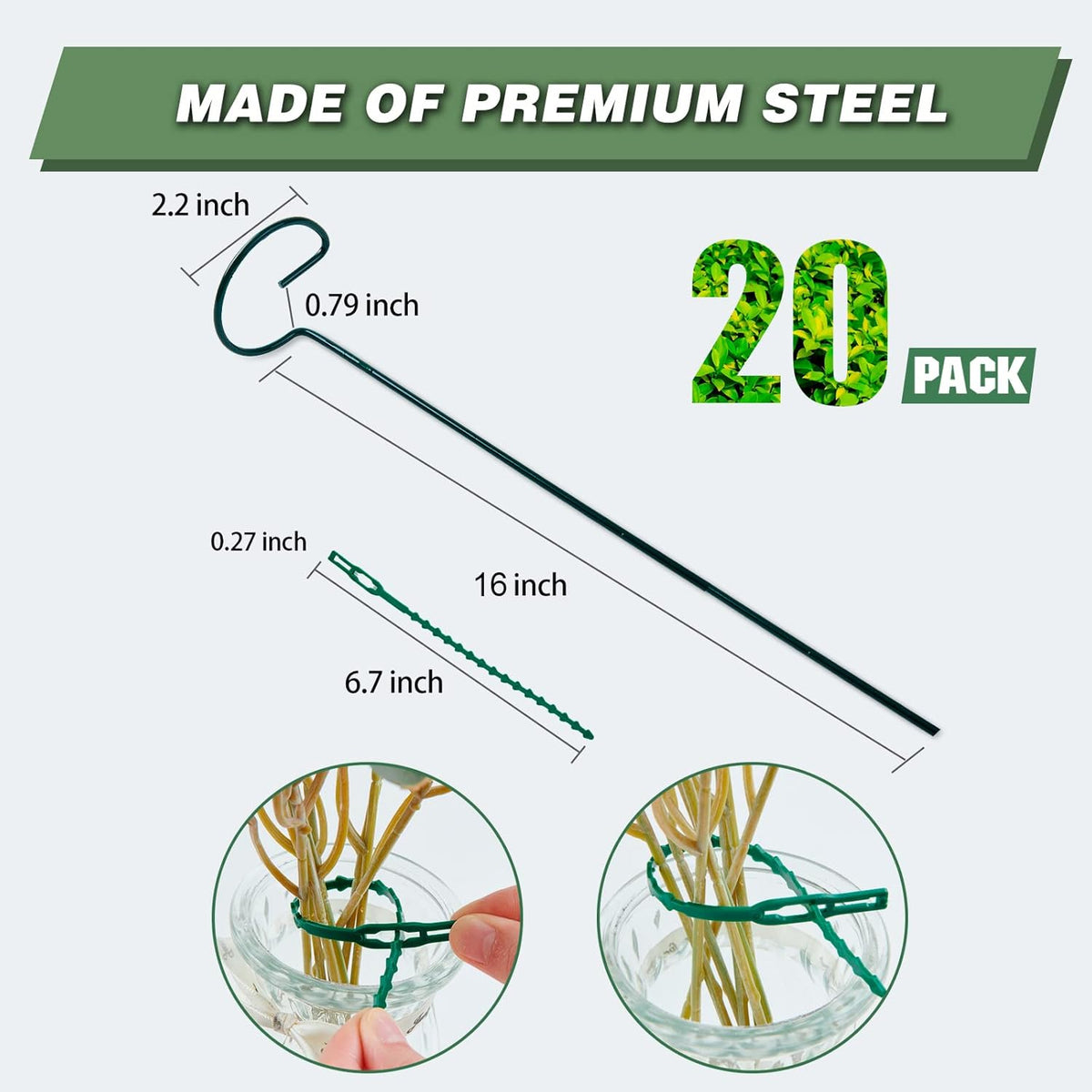 Joyhalo 20 Pack Plant Stakes, 16 Inch Plant Support Stakes, Flower Stakes with 24 Twist Ties, Garden Sticks for Plants Hibiscus, Sunflower, Red Hot Poker, Hydrangea, Tomato, Sapling Etc